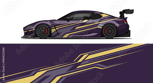 Side view of a sleek purple sports car with gold racing stripes and aerodynamic detailing.