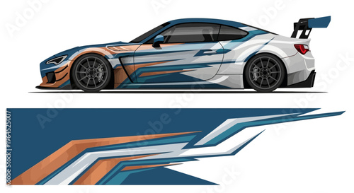 Stylized blue and orange race car with graphic stripes and sleek design.