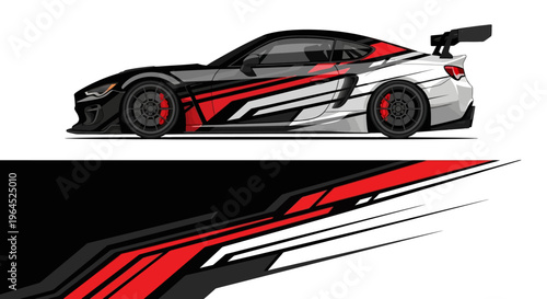 Side view of a high speed sports car with bold red black white stripes and dynamic graphic design.