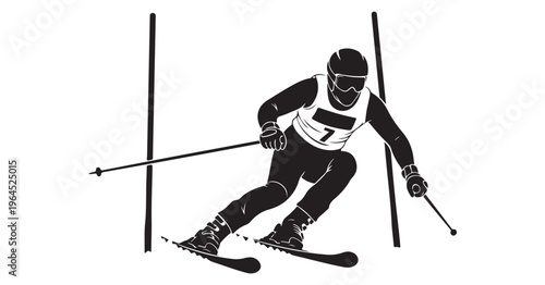 Athletic skier competing in a slalom race with poles, vector graphic design.