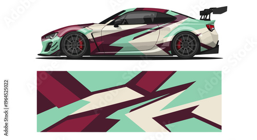 Colorful geometric wrap on a sleek race car captured in side view with bold abstract patterns.