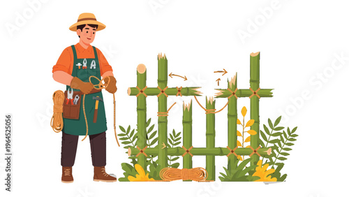Bamboo Fence Repair: An illustrator depicts a skilled worker expertly mending a damaged bamboo fence within a vibrant garden setting, symbolizing craftsmanship and nature's harmonious blend. 