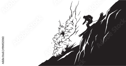 Dynamic vector illustration of a skier escaping an avalanche on a steep mountain.
