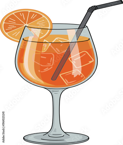 Orange cocktail vector illustration, hand drawn sketch of a spritz or aperitif drink with ice cubes, straw, and orange slice garnish, isolated on white background