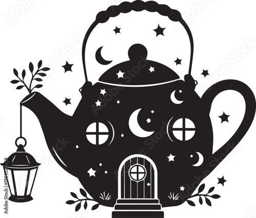 Black silhouette teapot fairy house, whimsical dwelling with stars, moon, lantern, magical tea party illustration.