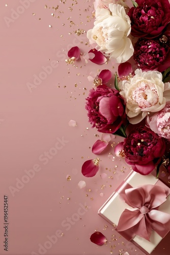Luxury floral gift mockup with blush ribbon, blooming peonies, and dreamy bokeh-perfect for wedding and Valentine promotions