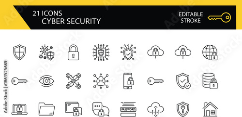 Set of twenty one cyber security icons featuring data protection network safety cloud storage encryption and identity authentication symbols.