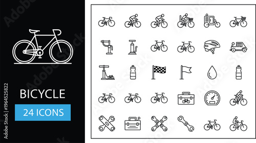 Set of twenty-four bicycle line icons featuring various bike styles riders maintenance tools and essential cycling safety equipment.