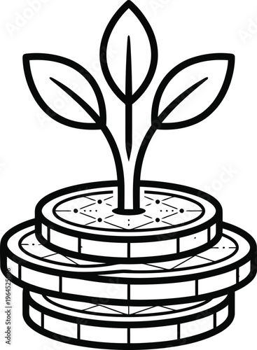 A black and white vector illustration of a plant growing from a stack of coins representing financial growth and investment.