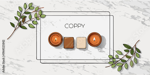 Top view photo of candles on rattan serving mat and eucalyptus on white marble background with copyspace