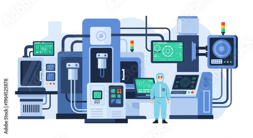 High-Tech Manufacturing Facility with Cleanroom Worker Operating Advanced Industrial Machinery and Control Panels
