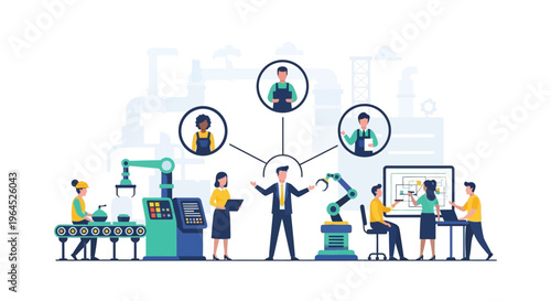 Industry 4.0 Smart Factory Automation: Manager Directing Production, Robotics, and Collaborative Engineering Teams