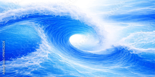 Abstract blue wave background featuring a bright sun reflecting over the calm sea horizon under a light cloudscape and summer sky for a beautiful nature landscape