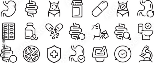 Line icons of health and medical concepts including digestive system and medication  health symbols for design