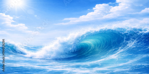 A beautiful summer landscape of a clear blue sky with white clouds reflecting over the calm sea and ocean horizon under bright sunlight