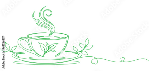 Vector line art style illustration of a cup of coffee or a cup of tea with a heart shape for coffee day and tea day