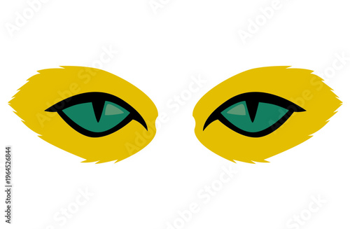 Bright yellow fur frames glowing green eyes. Sharp, black pupils hint at focused alertness. Cartoon style adds playful charm to feline gaze. Perfect for fantasy, gaming, or creative design projects