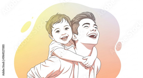A smiling man piggybacking a happy young boy on his back with a colorful gradient background