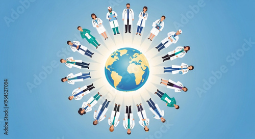Diverse medical professionals standing around the earth symbolizing global healthcare unity and cooperation