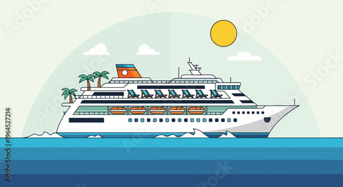 A vector illustration depicts a cruise ship sailing on the sea under a bright sun