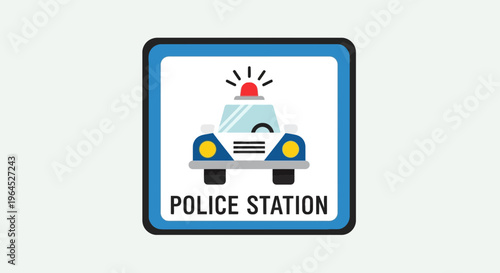 A cartoon police car illustration within a sign, bearing the words "POLICE STATION" below