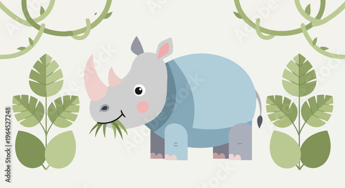 A cartoon rhino eats grass amidst stylized greenery and vines, with a light background