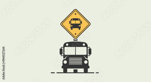 Minimalist vector illustration of a school bus with a sign above it, on light green background