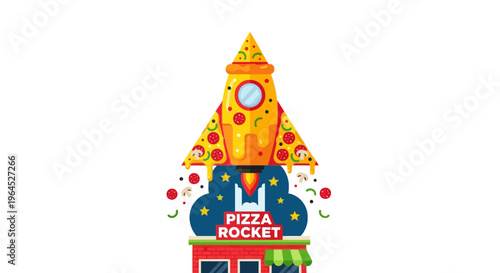 A pizza rocket logo design, with rocket shaped as pizza, and a shop below