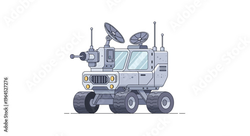 Stylized illustration of a gray futuristic rover, featuring wheels, antennas, and panels