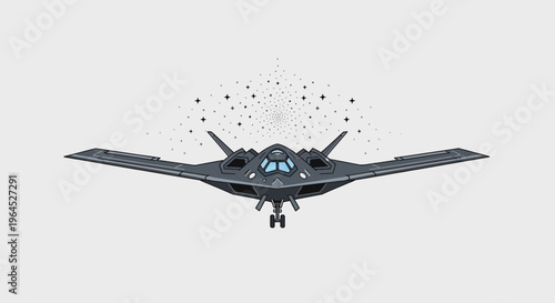 Illustration of a stealth aircraft from a frontal perspective, with starbursts above