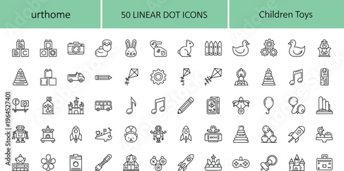 Children toys linear dot icons set with playful objects vehicles music and game symbols vector illustration isolated on white background