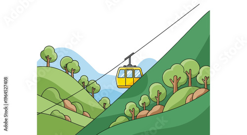 A yellow gondola glides over green hills dotted with trees, in a cartoon landscape