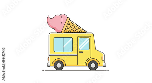 A yellow ice cream truck with a pink scoop and waffle cone on top against a white background