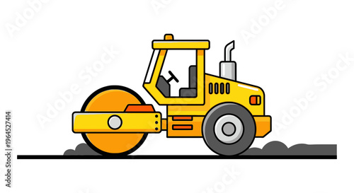 A yellow road roller, with a drum and wheel, compacts a surface, creating a trail of dirt