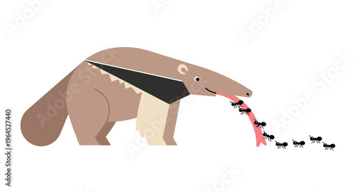 A cartoon anteater uses its long tongue to eat a trail of ants
