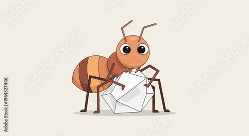Cartoon ant carrying a sugar cube on a cream background