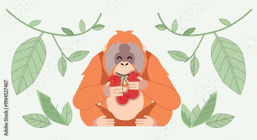 An orangutan cartoon clutches a handful of red spiky fruit, surrounded by green foliage