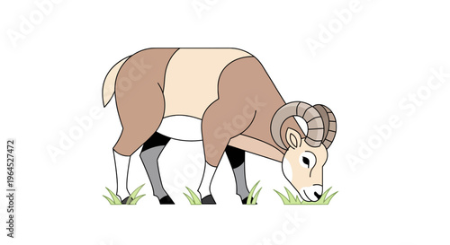 A stylized illustration of a ram with large curled horns, grazing on grass