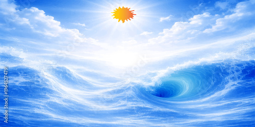 A beautiful clear blue sky with bright sunlight and white clouds creates a stunning summer nature cloudscape over the sea