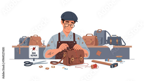 Craftsmanship in Leather Restoration: A dedicated artisan meticulously repairs a vintage leather bag, surrounded by his tools of the trade and the promise of restoring treasured items. 