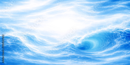 A serene summer landscape of the blue water surface with gentle waves reflecting white clouds and sunlight from a bright sky across the horizon of a calm ocean nature scene