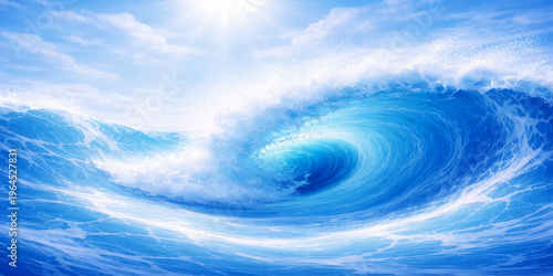 A beautiful summer day featuring a bright sun and white clouds in the clear blue sky reflected over an abstract nature background of high energy blue water waves and light