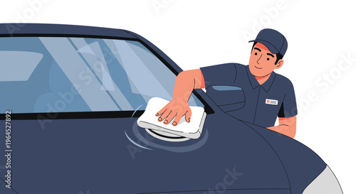 A man wearing a blue cap and shirt is carefully wiping the dark blue car's hood with a white sponge, creating circular water marks.