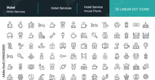 Hotel services linear dot icons set with hospitality travel accommodation and guest service symbols vector illustration isolated on white background