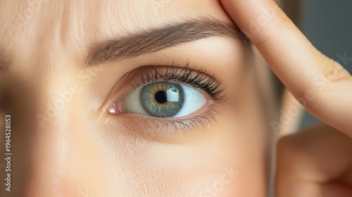 Close-up of woman pointing at wrinkles on her upper eyelid, indicating concerns about skin aging