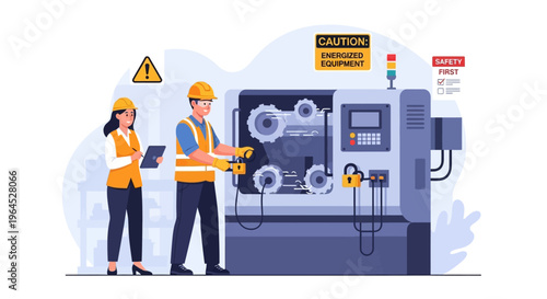 Workplace Safety Protocol: Engineers Performing Lockout Tagout (LOTO) on Industrial Machinery, Emphasizing Equipment Maintenance and Hazard Prevention