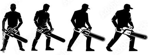 Set of lumberjack silhouettes using a chainsaw for wood cutting, professional forestry workers in various poses for timber industry and logging concepts