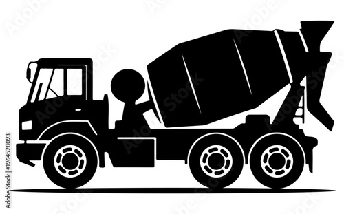 Concrete mixer truck silhouette for construction and building industry, heavy machinery vehicle for transporting cement to work sites, Cement truck vector