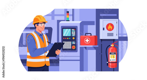 Workplace Safety Inspection & Emergency Preparedness. Industrial Worker in Hard Hat and Vest Checks Factory Equipment, Fire Extinguisher, and First Aid Kit.