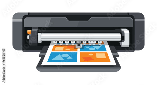 A black desktop inkjet printer is actively printing a document featuring four distinct colorful graphic squares, with paper emerging.